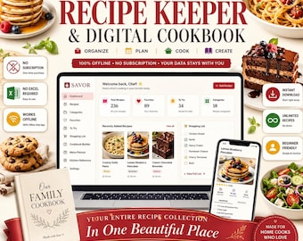 Rezept Organizer App | Dekorativer digitaler Kochbuch-Generator, Rezept-Bewahrer mit Servier-Scaler & Einkaufsliste | Keine Canva, kein Browser