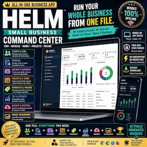 May include: A digital business management software interface displayed on a laptop and smartphone screen. The Helm Small Business Command Centre dashboard shows financial charts, invoice status, and project tracking. Text includes All-in-One Business App.