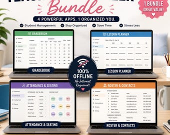 Teacher Planner & Gradebook Bundle, Offline Lesson Planner, Attendance Tracker, Seating Chart, Class Roster, Undated, No Subscription