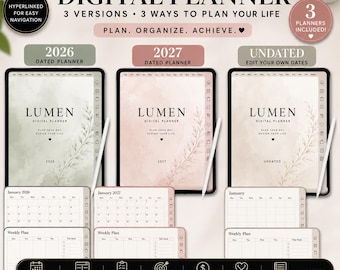 Digital Planner 2026 2027 Undated, Hyperlinked GoodNotes iPad Planner, Daily Weekly Monthly Notability Planner, Goal Budget Habit Tracker