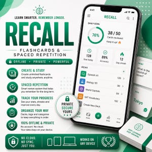 Może przedstawiać: Smartfon wyświetlający interfejs aplikacji Recall w zielono-białej kolorystyce. Ekran pokazuje pulpit nawigacyjny z dziennymi celami, statystykami przeglądania kart i listą talii do nauki. Tekst zawiera Learn Smarter, Remember Longer, Recall Flashcards & Spaced Repetition oraz Private Secure Yours.