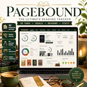 May include: A digital reading tracker interface titled PAGEBOUND displayed on a laptop screen, featuring reading goals, book statistics, library overview, and a mood tracker. The interface includes sections for 30 tabs, goals, reviews, and stats.