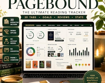 Reading Tracker & Book Journal Spreadsheet Alternative | PAGEBOUND Offline App  30 Tabs, Live Dashboards | Book Tracker, TBR and Reading Log