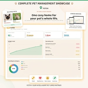 Può includere: Un'interfaccia digitale per l'app di monitoraggio della salute e cura degli animali domestici Fetch. La dashboard mostra profili degli animali, tendenze di peso, cure imminenti, stato delle vaccinazioni e categorie di spesa con icone dedicate.