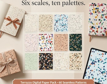 Terrazzo Digital Paper, 60 Seamless Patterns, Neutral Earth Bold Pastel Scrapbook Paper, 300 DPI Commercial Use Bundle