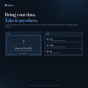 May include: A dark interface for Digitaliqo Money Command Center featuring text Bring your data. Take it anywhere. Import your bank's CSV in one drop. Export to CSV, JSON or PDF. Includes an import box for CSV or JSON files and an export menu.