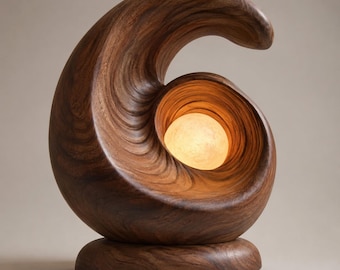 Wooden Wave Table Lamp, Ocean Wave Sculpture Light, Hand Carved Ambient Lamp, Coastal Home Decor, Modern Bedside Lighting Gift