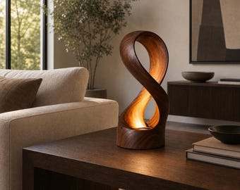 Sculptural Wooden Table Lamp, Infinity Loop Ambient Light, Modern Organic Bedside Lamp, Handcrafted Wood Accent Lighting for Living Room
