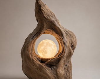 Handmade Driftwood Table Lamp with Glowing Orb, Sculptural Wood Accent Light, Organic Modern Rustic Home Decor Gift