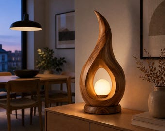 Sculptural Wooden Table Lamp, Flame Wood Lamp with Glowing Orb, Handmade Ambient Desk Light, Modern Home Decor Gift