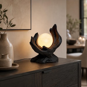 Cradled Orb Driftwood Table Lamp, Black Sculptural Wood Light, Organic Root Form Lamp, Rustic Modern Home Decor, Unique Gift