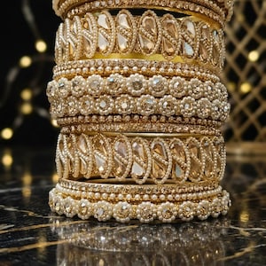 Handcrafted Bridal Kundan Bangle Set | Champagne Crystals, Pearls, Gold Tone Kada