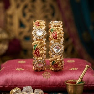 Antique Gold Kundan Kada Bracelet Pair, Meenakari Temple Bangles, Bridal Indian Jewelry