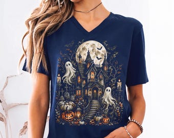 Retro Ghost Vintage Horror V-Neck, Spooky Season, Ghost Halloween Racerback, Tis the Season, CPS116