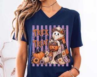 Trick Or Treat Vintage Halloween V-Neck, Spooky Season Vneck, CPS117