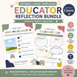 May include: A set of editable Canva templates for educators, featuring two reflection questionnaires. The design includes prompts for educators to reflect on their work. Includes A4 and US letter sizes. The text reads "Educator Reflection Bundle."
