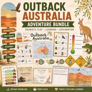 May include: An "Outback Australia Adventure Bundle" graphic with various educational materials. Includes a map, animal facts, checklists, certificates, and dramatic play elements. Features illustrations of Australian wildlife, a kangaroo, and a crocodile.