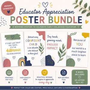 Op de afbeelding: Een 'Educator Appreciation Poster Bundle' met vier inspirerende posters. Elke poster heeft een uniek ontwerp met teksten als 'Verschil' en 'Zelfverzekerd Kind'. Inclusief afdrukbare PDF-bestanden, hoogwaardige prints en niet-bewerkbare bestanden.