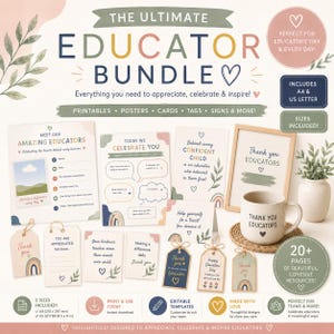 May include: A digital educator bundle featuring printable cards, tags, and posters with muted earth tones. The collection includes templates for appreciation notes, signs, and gift tags, all decorated with hearts, rainbows, and botanical illustrations.
