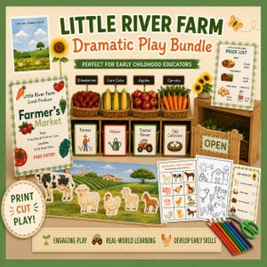 May include: A Little River Farm Dramatic Play Bundle for early childhood educators. The image shows a farmer's market with strawberries, corn cobs, apples, and carrots. Includes a price list, farm animal cutouts, and job checklists. The text says "Print, Cut, Play!"
