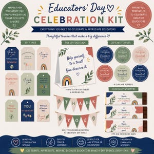 May include: An Educators' Day celebration kit featuring printable gift tags, a pop-up food sign, nine circular cupcake toppers, two rows of bunting spelling THANK YOU, and three chocolate bar wrappers, all decorated with rainbows and leaves.