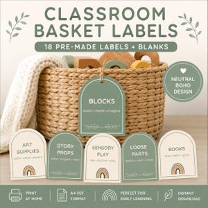 May include: A set of arch-shaped classroom basket labels in sage green and cream, featuring text like BLOCKS, ART SUPPLIES, and SENSORY PLAY. The labels include small rainbow and leaf illustrations, with a woven basket and wooden blocks visible behind them.