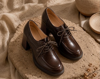 Vintage Oxford schoenen met dikke hak voor dames, donkere Academia echt lederen loafers met blokhak, retro Britse veterschoenen, handgemaakt schoeisel