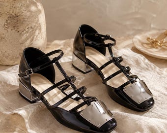 Vintage Black Patent Strappy Mary Janes, Square Toe Chunky Heel Shoes, Silver Metal Buckle Cutout Block Heels, Vegan Women Pumps