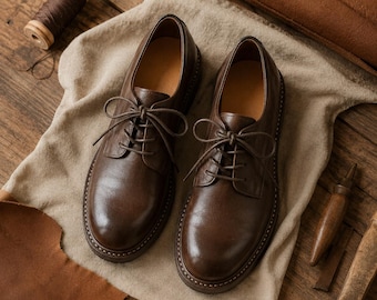 Women Brown Leather Oxford Shoes, Handmade Cowhide Lace Up Loafers, British Style Derby Flats for Work Travel Party