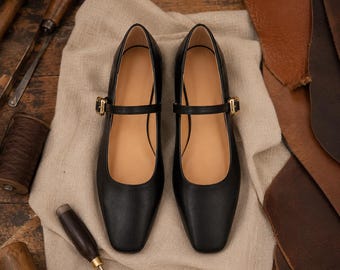 Women's Black Leather Square Toe Mary Jane Flats, Handmade Cowhide Buckle Strap Low Heel Shoes, Office Dress Flats Wedding Travel