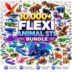 Może przedstawiać: Cyfrowa kolekcja ponad 10 000 plików STL z ruchomymi zwierzętami do druku 3D, zawierająca smoki, dinozaury, stworzenia morskie i fantastyczne w różnych kolorach, z napisem 10,000+ FLEXI ANIMAL STL BUNDLE.