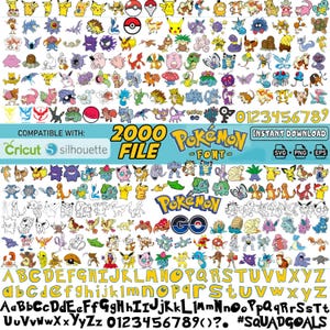 May include: A digital collection of numerous colorful cartoon creature illustrations, including various characters, the Pokémon logo, the Pokémon GO logo, and a complete alphabet in both uppercase and lowercase letters, plus numbers zero through nine.