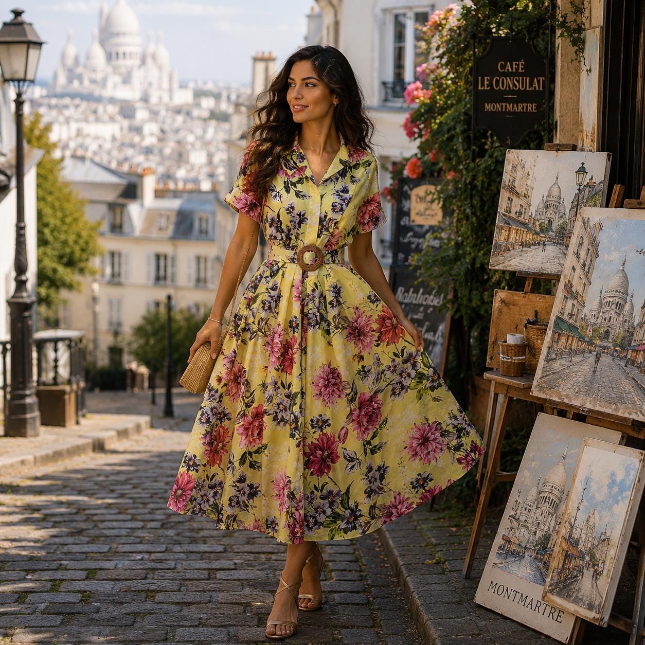french elegant dress Elegant French Style Gold Foil Print Flared Dress for Spring Summer Va Canary Houze