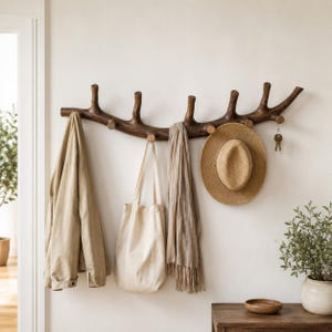 Puede incluir: Un perchero de pared de madera marrón oscuro con forma de rama de árbol y múltiples ganchos. El perchero sostiene una chaqueta beige, un bolso de lona color crema, una bufanda marrón claro con flecos, un sombrero de paja y llaves de metal.