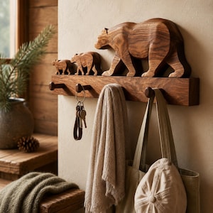 Bear Wood Coat Rack Wall Hooks | 3 Animals Entryway Towel Rail, Cub Key Hanger | Minimalist Timber Organiser, Unique Coastal Mudroom Pegs