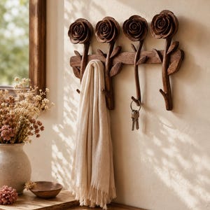 Könnte beinhalten: Eine hölzerne Wandgarderobe mit vier geschnitzten Rosenblüten an einzelnen Stielen. Jeder Stiel ist mit kleinen Blättern und einem geschwungenen Haken am unteren Ende zum Aufhängen von Gegenständen versehen. Ein beigefarbener Schal mit Fransen hängt an einem Haken.