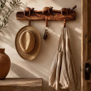 Könnte beinhalten: Eine hölzerne Wandgarderobe mit drei handgeschnitzten Faultierfiguren, die auf einem horizontalen Ast ruhen. Die Garderobe verfügt über drei stabile Holzhaken, an denen ein Strohhut, ein Schlüsselbund und eine beigefarbene Leinentasche hängen.