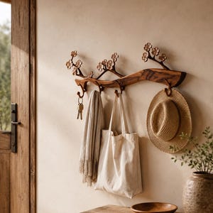 Könnte beinhalten: Eine wandmontierte Garderobe aus Holz mit einem horizontalen Astdesign und geschnitzten Blumenakzenten. Die Garderobe verfügt über vier Metallhaken, an denen ein Schlüsselbund, eine beige Stofftasche, ein heller Schal und ein Strohhut hängen.