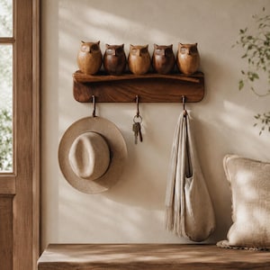 Könnte beinhalten: Eine hölzerne Wandgarderobe mit fünf geschnitzten Eulenfiguren auf der Oberseite. Die Garderobe verfügt über drei Metallhaken, an denen ein beigefarbener Fedora-Hut, ein Schlüsselbund und eine helle Stofftasche hängen. Das Holz ist dunkelbraun.