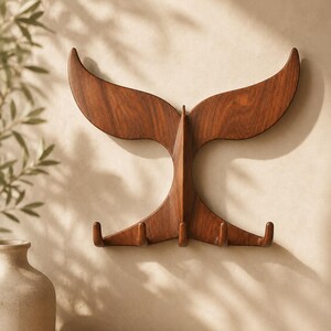 Könnte beinhalten: Eine Wandgarderobe aus Holz in Form einer Walflosse. Das Stück hat eine Oberfläche mit reicher brauner Holzmaserung und verfügt über fünf nach oben gebogene Haken an der Unterkante zum Aufhängen von Gegenständen. Das Design ist symmetrisch.