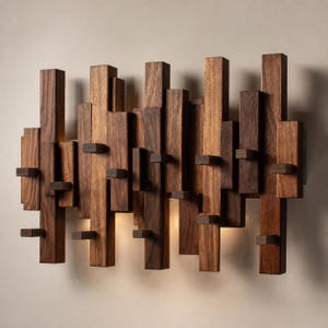 Könnte beinhalten: Eine moderne Wandleuchte aus dunkelbraunen Holzblöcken unterschiedlicher Höhe und Breite. Die Blöcke sind in einem versetzten Muster angeordnet, mit kleinen, rechteckigen Akzenten. Die Leuchte strahlt ein warmes Licht von hinter den Blöcken aus und erzeugt einen einzigartigen Lichteffekt.