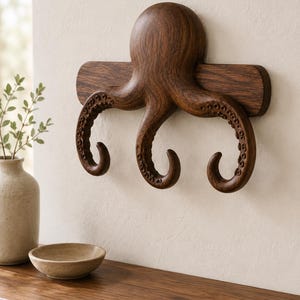 Könnte beinhalten: Ein an der Wand montierter, dunkelbrauner Holzhaken in Form eines Oktopus. Das Design zeigt einen zentralen, abgerundeten Kopf und drei nach unten gebogene Tentakel mit sichtbaren Saugnapfdetails, die an einer horizontalen, rechteckigen Holzbasis befestigt sind.
