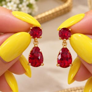 14K Solid Gold Created Ruby Drop Earrings, Red Pear Cut Dangle Earrings, Hallmarked Gold Jewelry, Elegant Gemstone Gift for Her