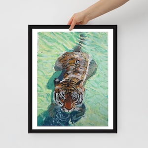 Lámina enmarcada de tigre – Arte mural de vida silvestre en pastel al óleo – Decoración de la selva para grandes felinos