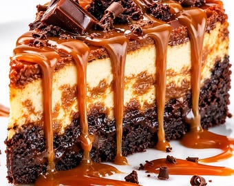 Receta de tarta de queso con brownie de caramelo en PDF, descarga de postre de chocolate, postre casero al estilo de una panadería.