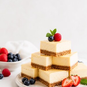 Peut inclure: Une pile de carrés de cheesecake avec une base de biscuit, garnie d'une myrtille, d'une framboise et d'une brins de menthe. Des myrtilles fraîches et des fraises tranchées sont disposées sur une assiette.