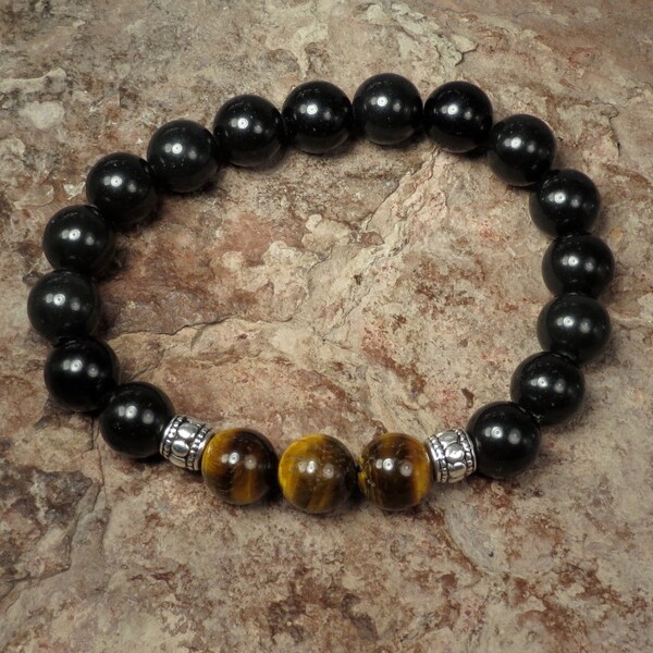 Tiger Eye and Obsidian Stretch Bracelet - Good Luck Protection Positive Changes - Reiki Jewelry