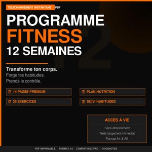 Può includere: Annuncio di un programma di fitness digitale su sfondo nero. Il titolo "PROGRAMME FITNESS 12 SEMAINES" è in grandi caratteri arancioni e bianchi. Il testo aggiuntivo include "Transforme ton corps", "14 PAGES PREMIUM" e "ACCÈS À VIE".