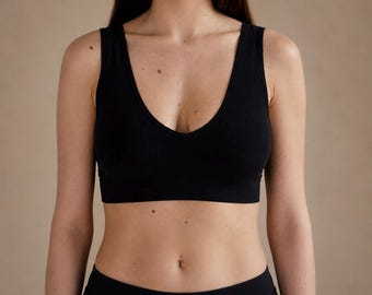 Black Cotton Bralette, Soft Wireless Top, Everyday Basic Underwear, Minimalist Sleepwear Bra