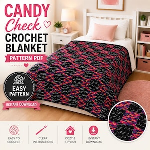 May include: A crochet blanket pattern PDF titled CANDY Check featuring a black and multicolored checkered design. The text includes CANDY Check CROCHET BLANKET PATTERN PDF, EASY PATTERN, and INSTANT DOWNLOAD. A circular inset shows the texture.